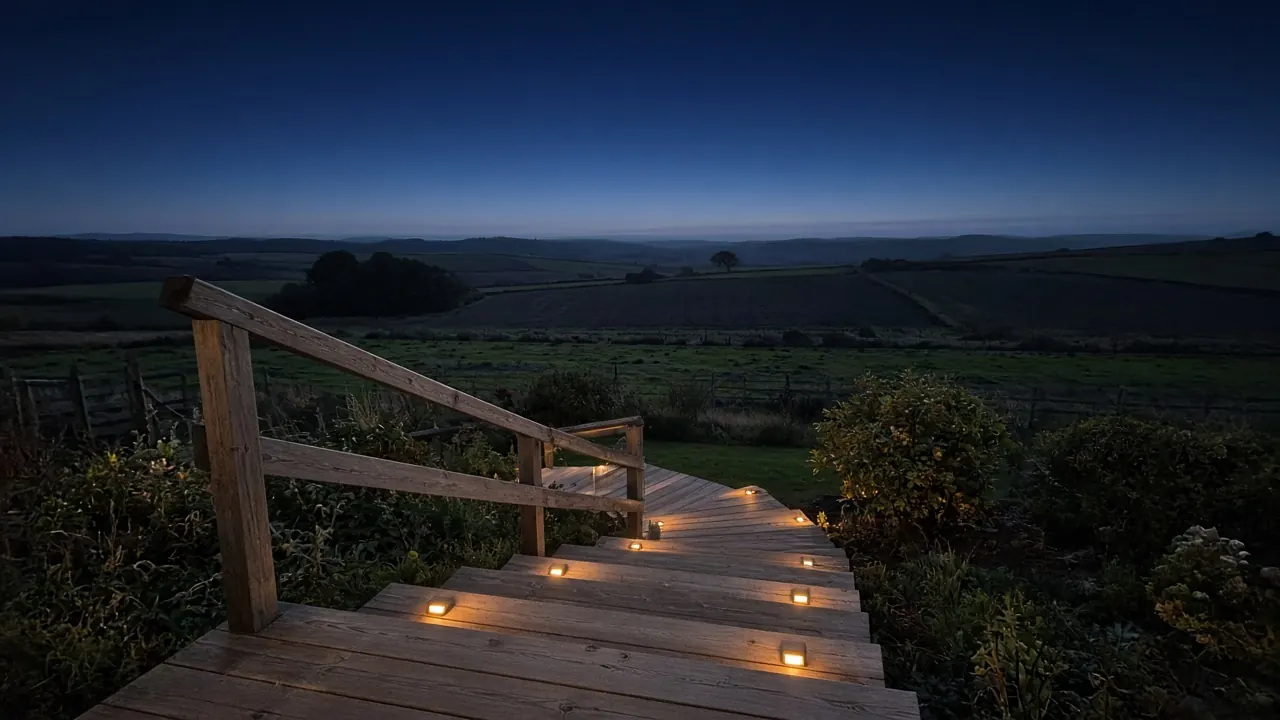 Example image: timber deck steps with low warm lights at dusk in the countryside