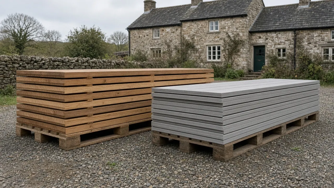 Example image: stacks of larch and composite boards on a farm drive