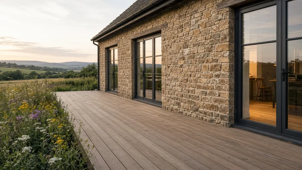 Example image: oak deck beside a barn conversion