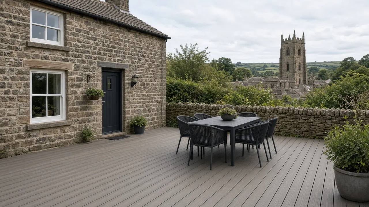 Example image: new boards on a deck behind a holiday cottage