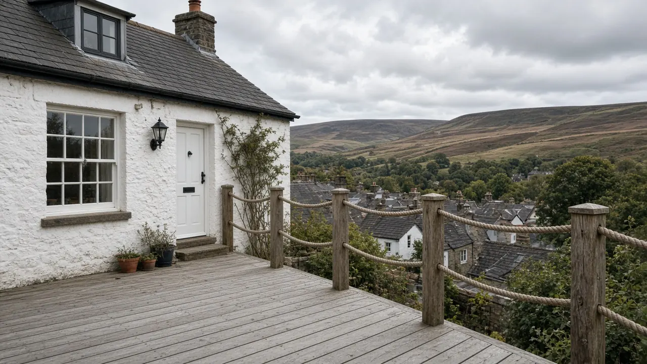 Example image: weathered larch deck with rope balustrade by a cottage