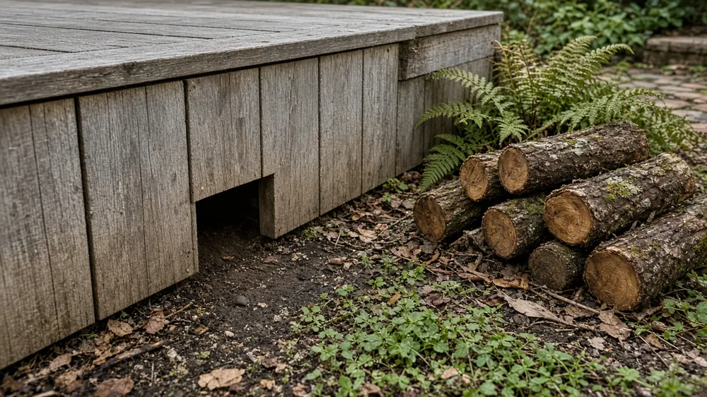 Example image: hedgehog gap and log pile beside a low deck